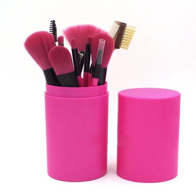 Набор кистей для макияжа в тубе, 12 шт., темно-розовые. Качественные кисти для макияжа.