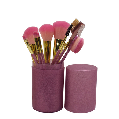 Набір пензлів для макіяжу в тубі, 9 шт, рожево-перламутрові. Якісні пензлики для макіяжу.