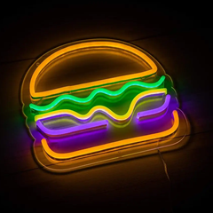 LED вывеска "Бургер", неоновая вывеска для бизнеса, неоновая табличка, 50x40 см