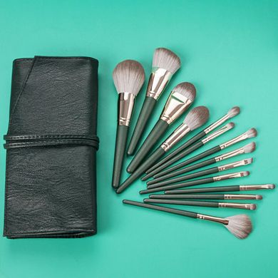 Профессиональный набор кистей для макияжа в сумочке на завязках Brush Set 14 шт зеленый